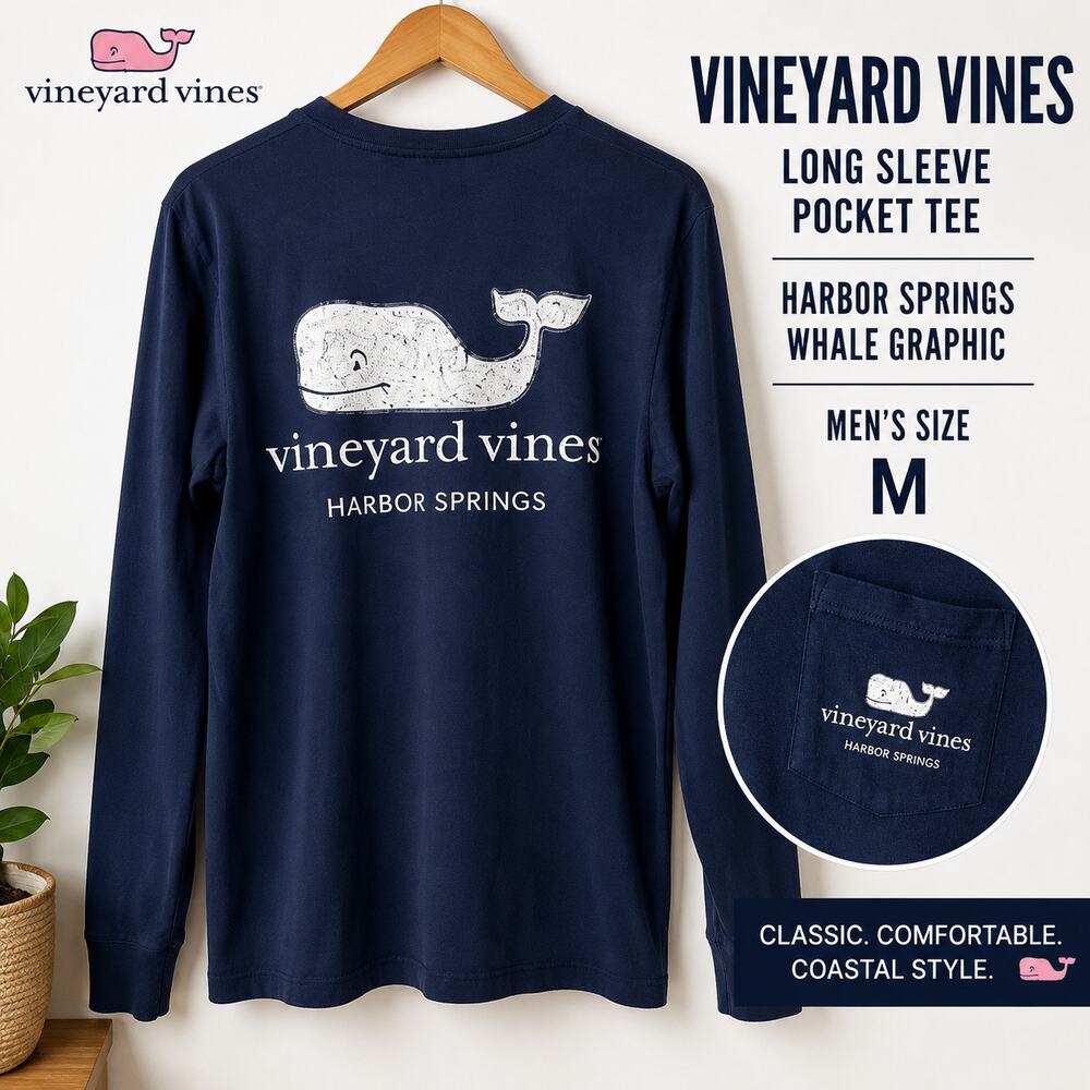 Vineyard Vines Harbor Springs Whale Long Sleeve Pocket Tee Navy Medium